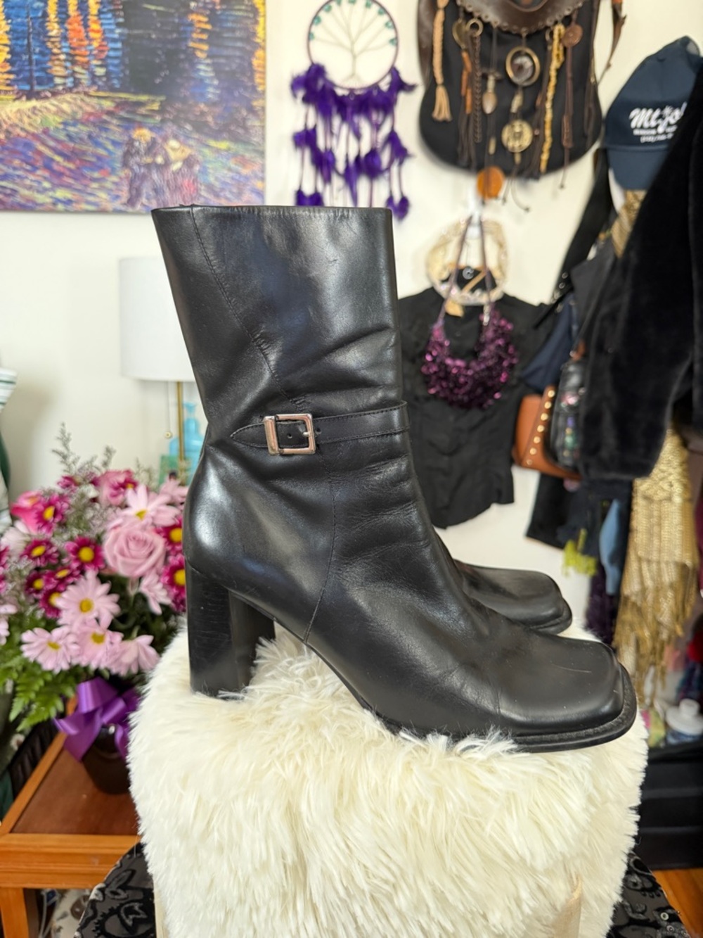 Maripe Vintage 90s Italian Leather Square Toe Buckle Booties 9.5